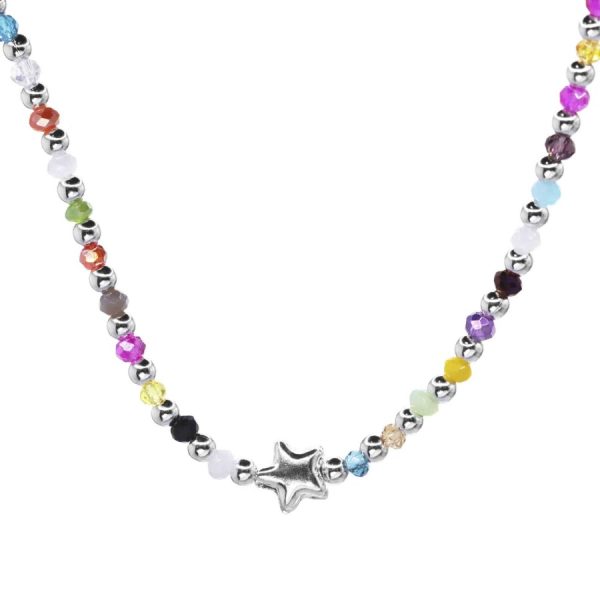 Collar De Plata 925 Esferas Lisas Con Piedras Agata De Colores Y Figura De Estrella