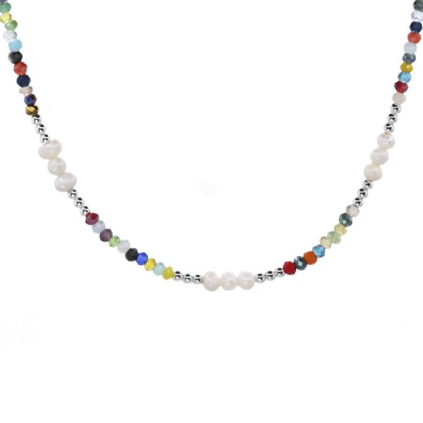 Collar De Plata 925 Pequenas Perlas De Rio Y Esferas Lisas Con Piedras Naturales Agata De Colores